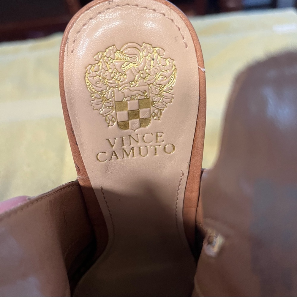 Vince Camuto Emore Brown Tan Leather Women Sz 6.5 Cage Heel Peep Booties EUC - Picture 5 of 9